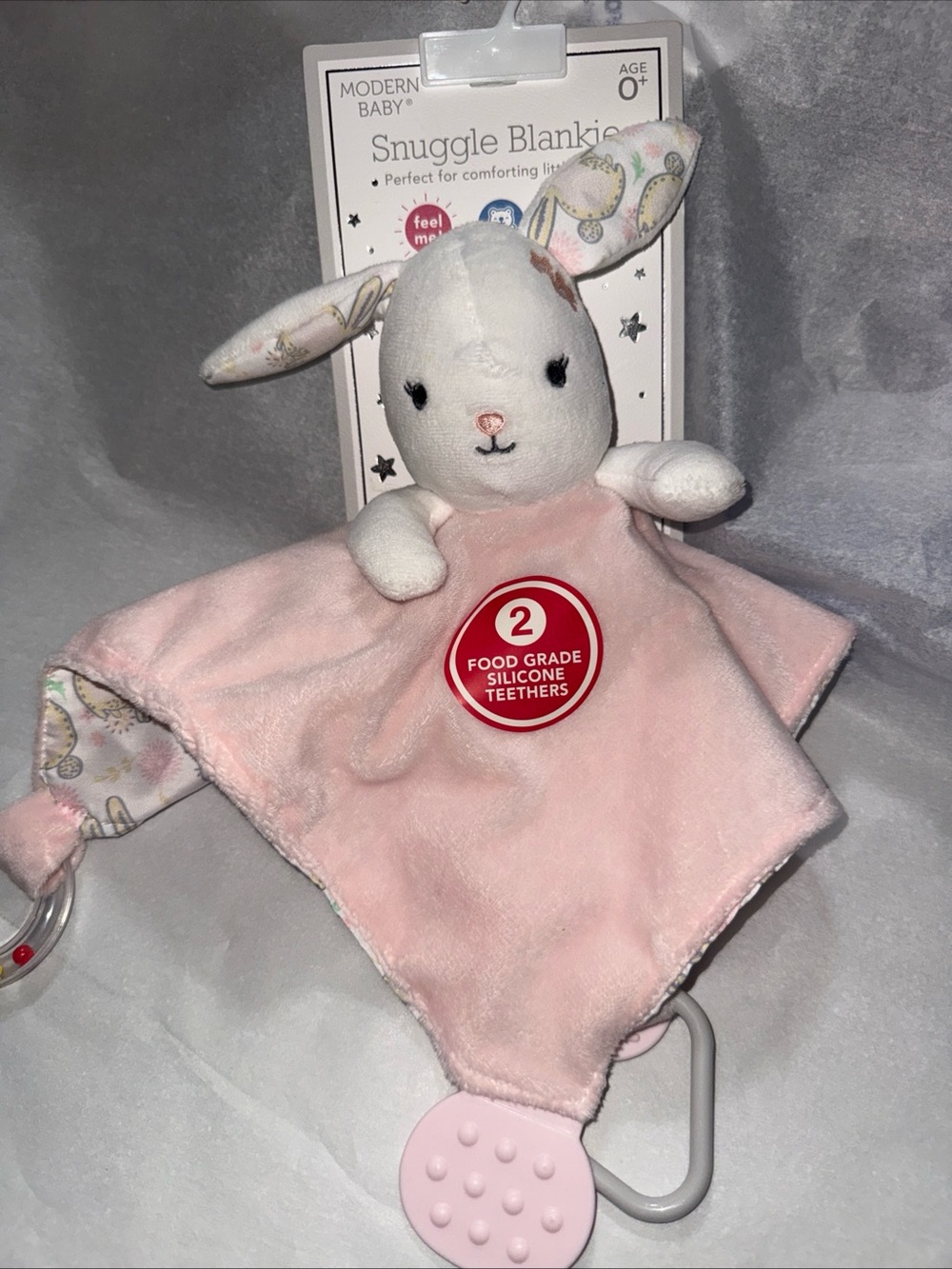 Modern Baby Pink Bunny Snuggle Blankie with Silicone Teether